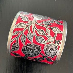 Red Leather & Floral Filigree Cuff Bracelet